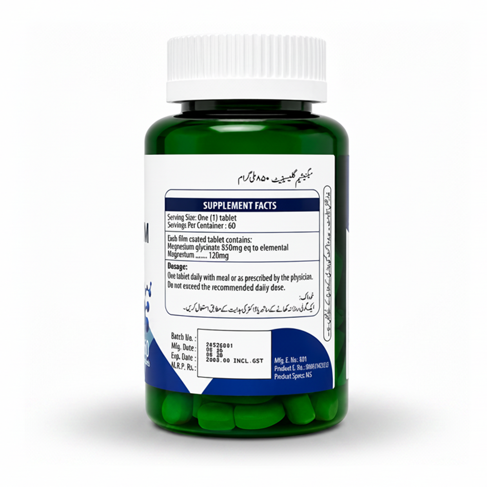 Magnesium Glycinate 850mg supplement ingredients – highly bioavailable chelated magnesium Pakistan