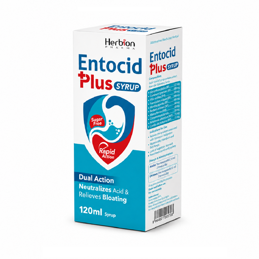 A 120ml box of Herbion Pharma Entocid Plus Syrup, featuring a white and teal packaging design with red and blue text and graphics.