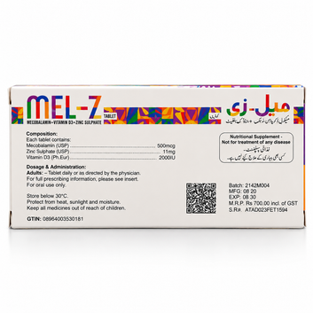 MEL-Z Mecobalamin + Vitamin D3 + Zinc Sulphate (20 Tablets)